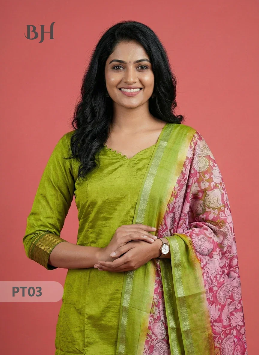 Mangalagiri Semi Pattu Dress Set in Avacado Green | 2pc Kurti with Kalamkari Semi Pattu Dupatta