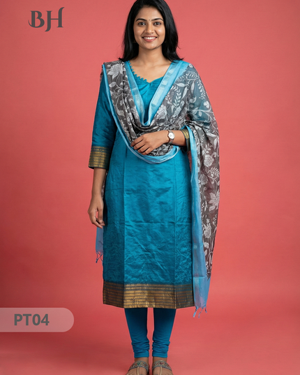 Mangalagiri Semi Pattu Dress Set in Peacock Blue | 2pc Kurti with Kalamkari Semi Pattu Dupatta