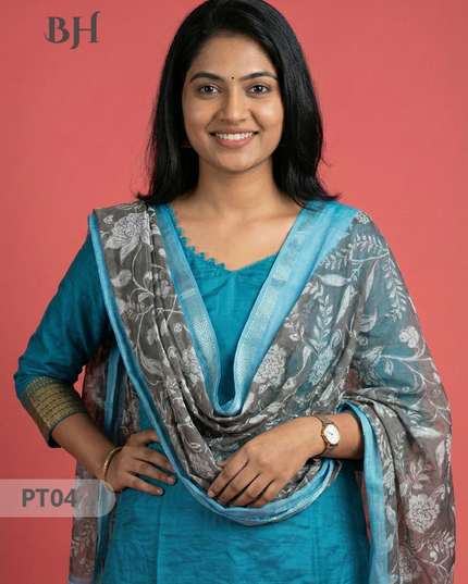 Mangalagiri Semi Pattu Dress Set in Peacock Blue | 2pc Kurti with Kalamkari Semi Pattu Dupatta