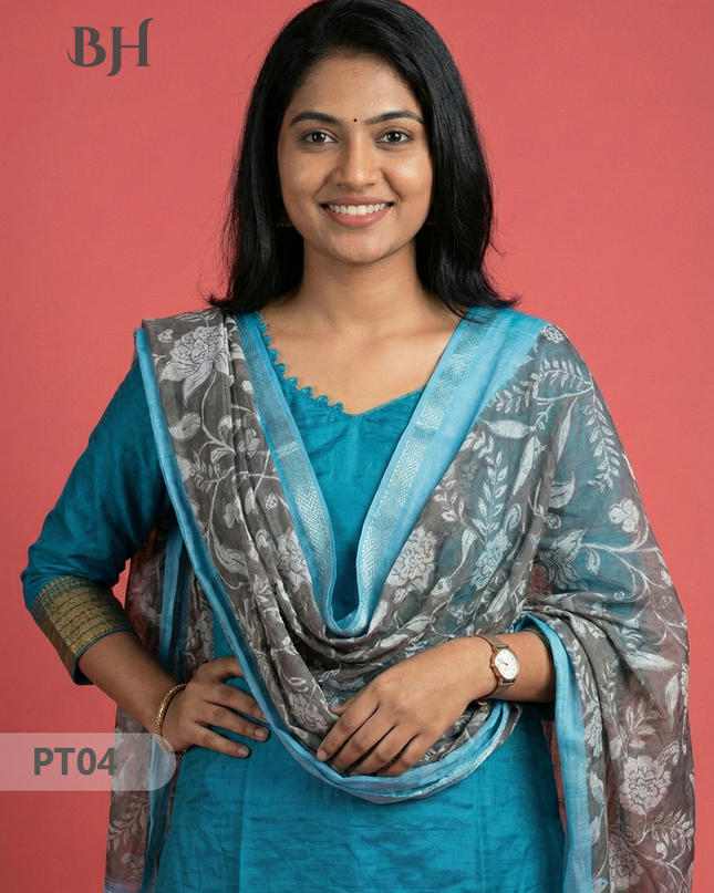 Mangalagiri Semi Pattu Dress Set in Peacock Blue | 2pc Kurti with Kalamkari Semi Pattu Dupatta