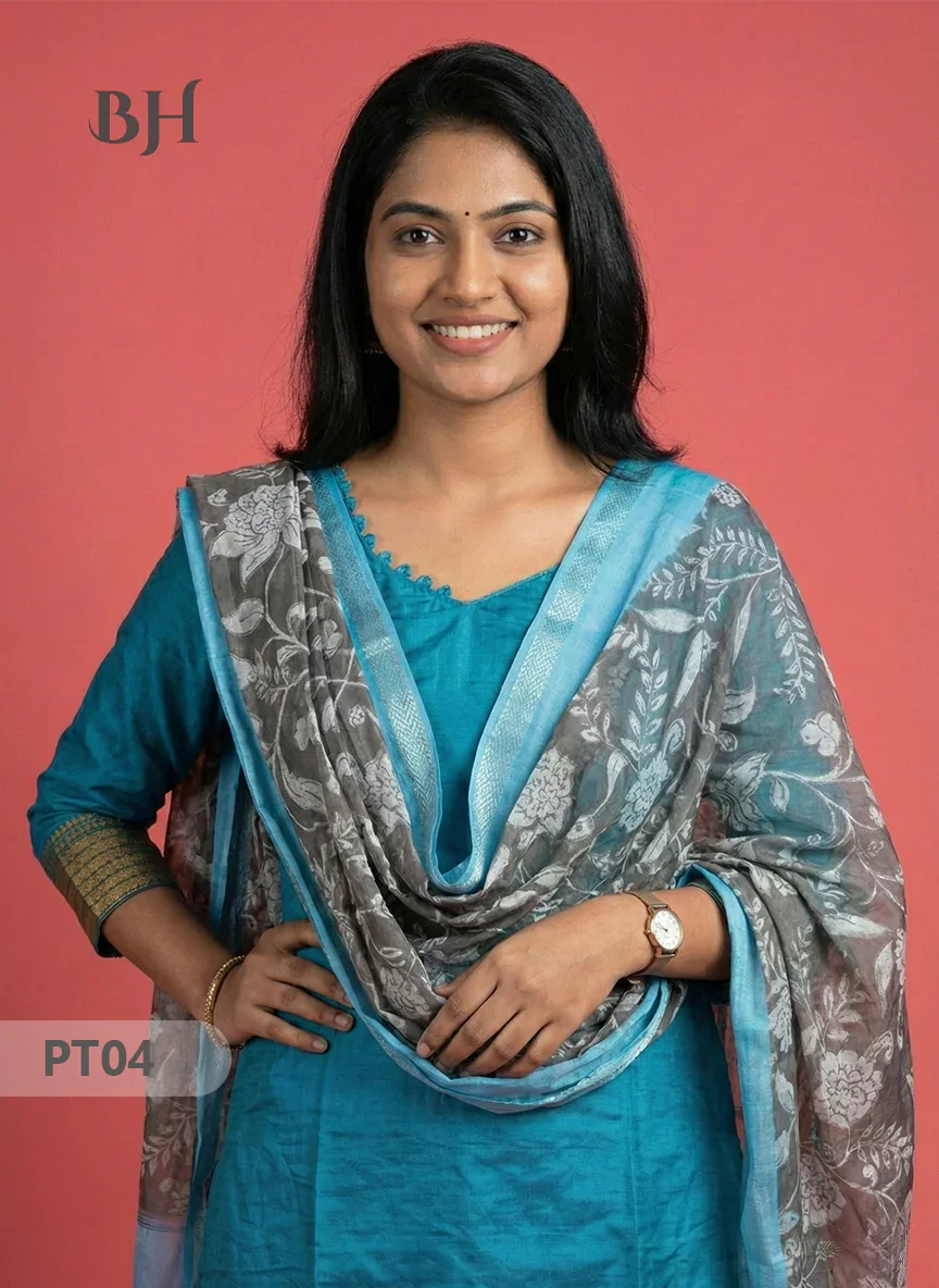 Mangalagiri Semi Pattu Dress Set in Peacock Blue | 2pc Kurti with Kalamkari Semi Pattu Dupatta