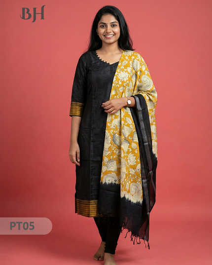 Mangalagiri Semi Pattu Dress Set in Peacock Blue | 2pc Kurti with Kalamkari Semi Pattu Dupatta