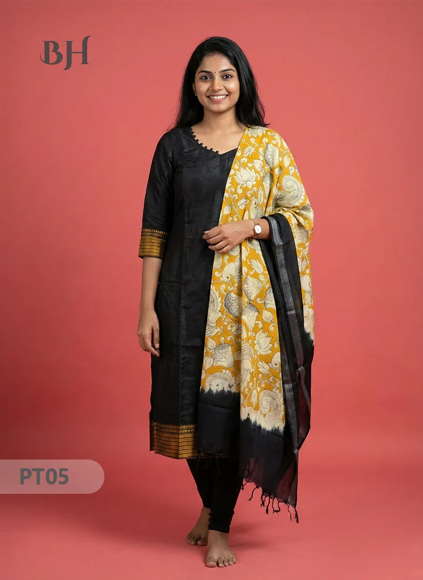 Mangalagiri Semi Pattu Dress Set in Peacock Blue | 2pc Kurti with Kalamkari Semi Pattu Dupatta