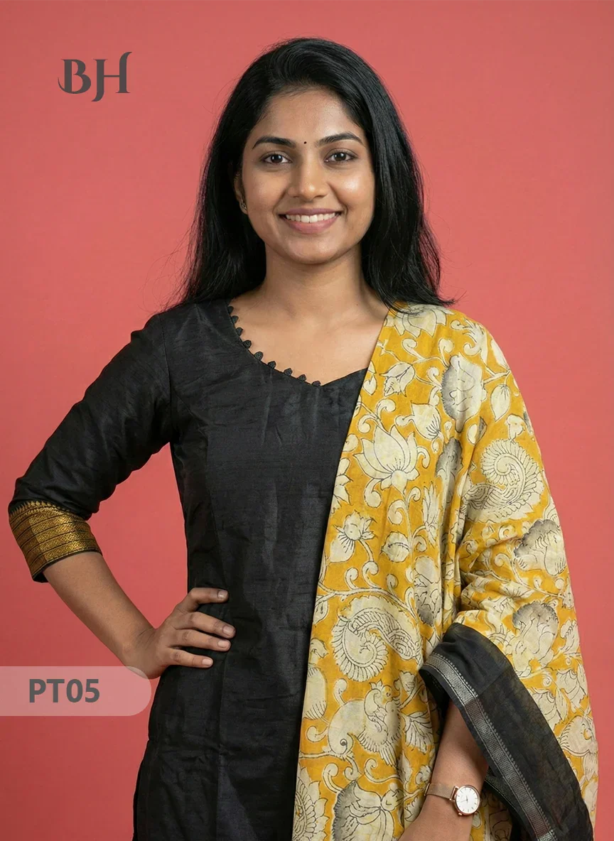 Mangalagiri Semi Pattu Dress Set in Peacock Blue | 2pc Kurti with Kalamkari Semi Pattu Dupatta