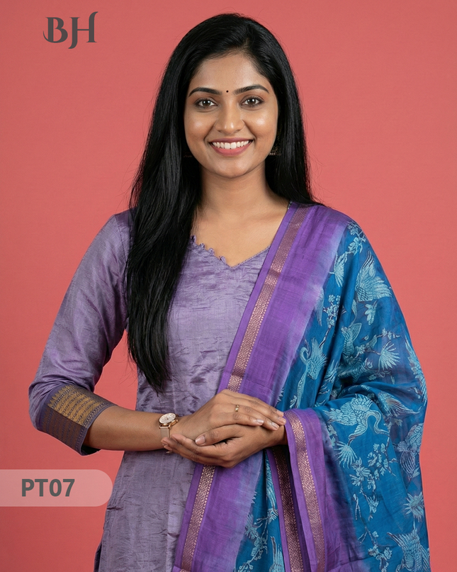 Mangalagiri Semi Pattu Dress Set in Pastel Purple | 2pc Kurti with Kalamkari Semi Pattu Dupatta