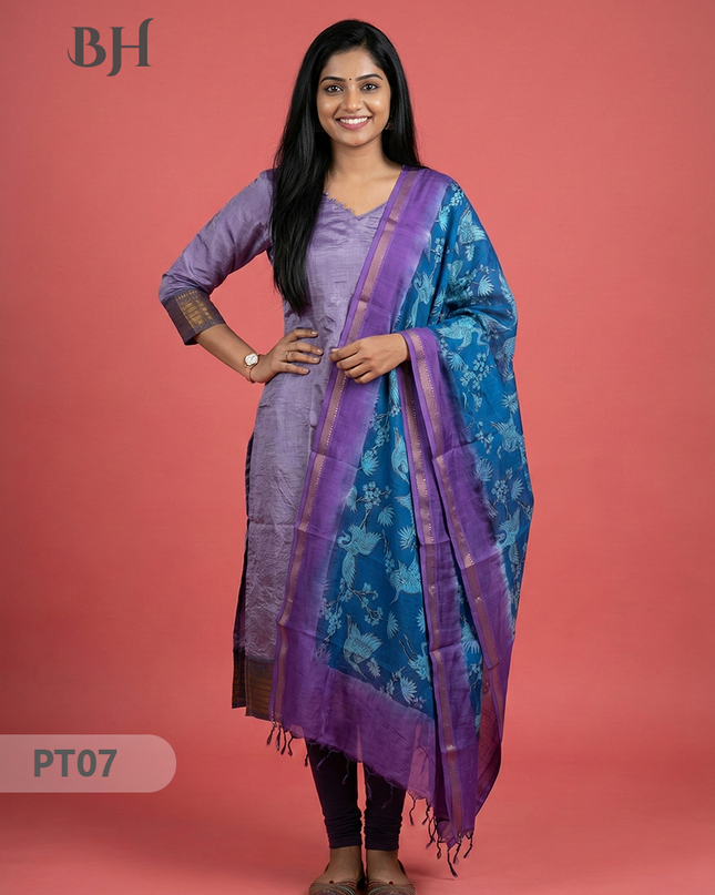 Mangalagiri Semi Pattu Dress Set in Pastel Purple | 2pc Kurti with Kalamkari Semi Pattu Dupatta