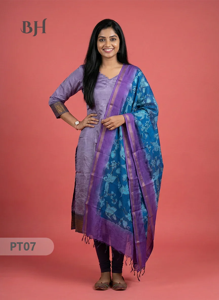 Mangalagiri Semi Pattu Dress Set in Pastel Purple | 2pc Kurti with Kalamkari Semi Pattu Dupatta