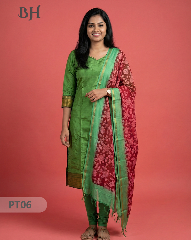 Mangalagiri Semi Pattu Dress Set in Green | 2pc Kurti with Kalamkari Semi Pattu Dupatta