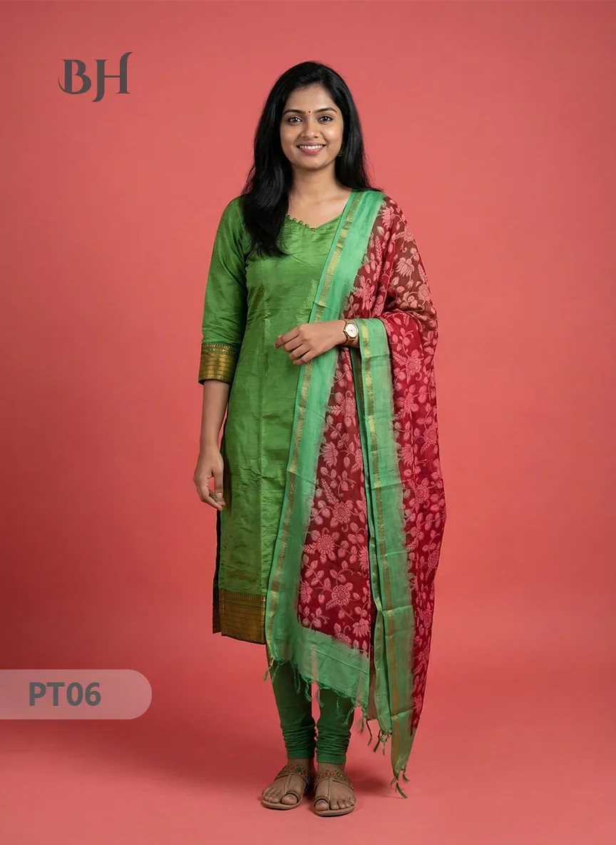 Mangalagiri Semi Pattu Dress Set in Green | 2pc Kurti with Kalamkari Semi Pattu Dupatta