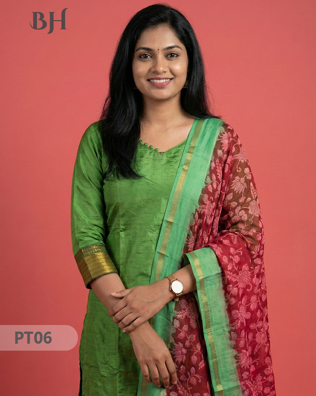 Mangalagiri Semi Pattu Dress Set in Green | 2pc Kurti with Kalamkari Semi Pattu Dupatta