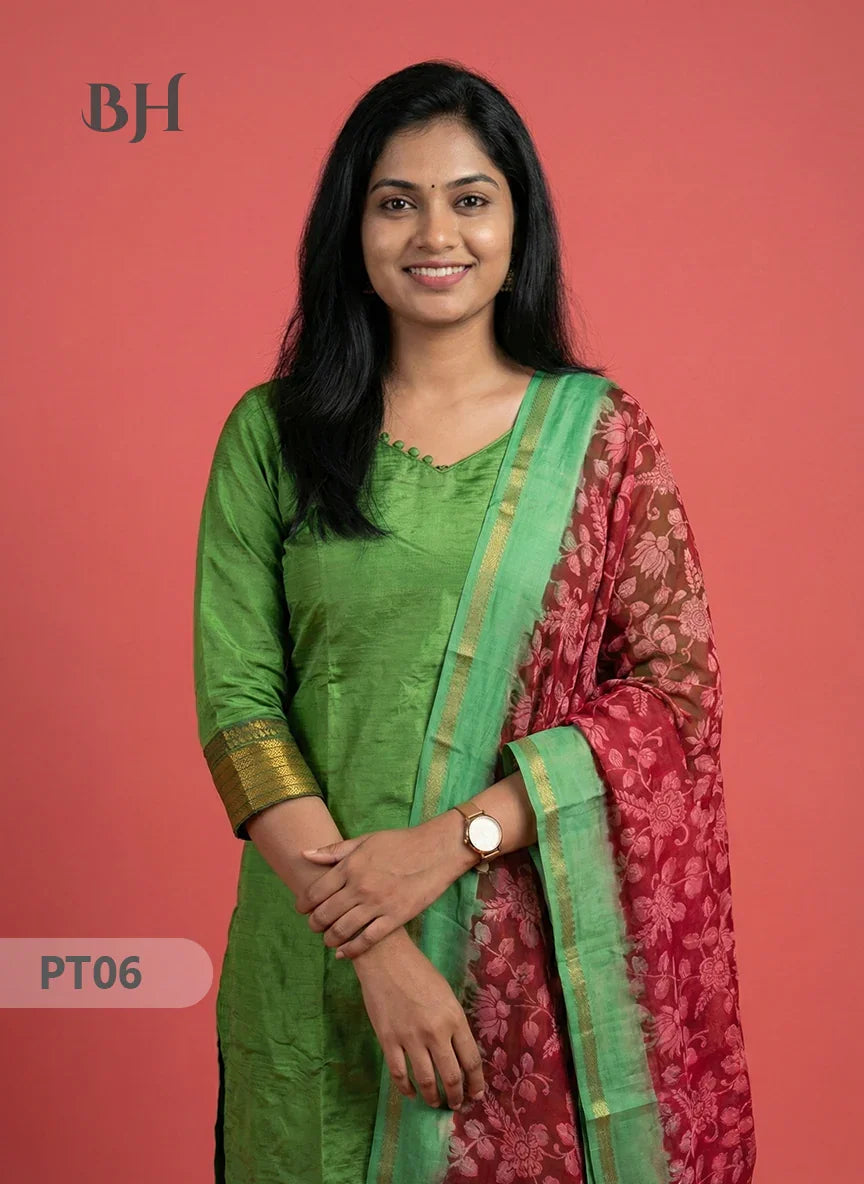 Mangalagiri Semi Pattu Dress Set in Green | 2pc Kurti with Kalamkari Semi Pattu Dupatta