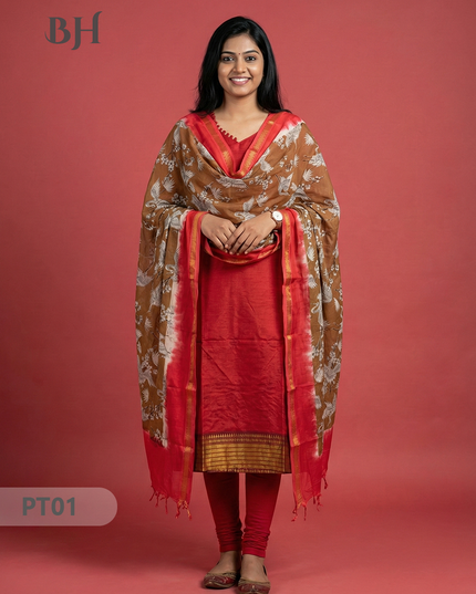 Mangalagiri Semi Pattu Dress Set in Red | 2pc Kurti with Kalamkari Semi Pattu Dupatta