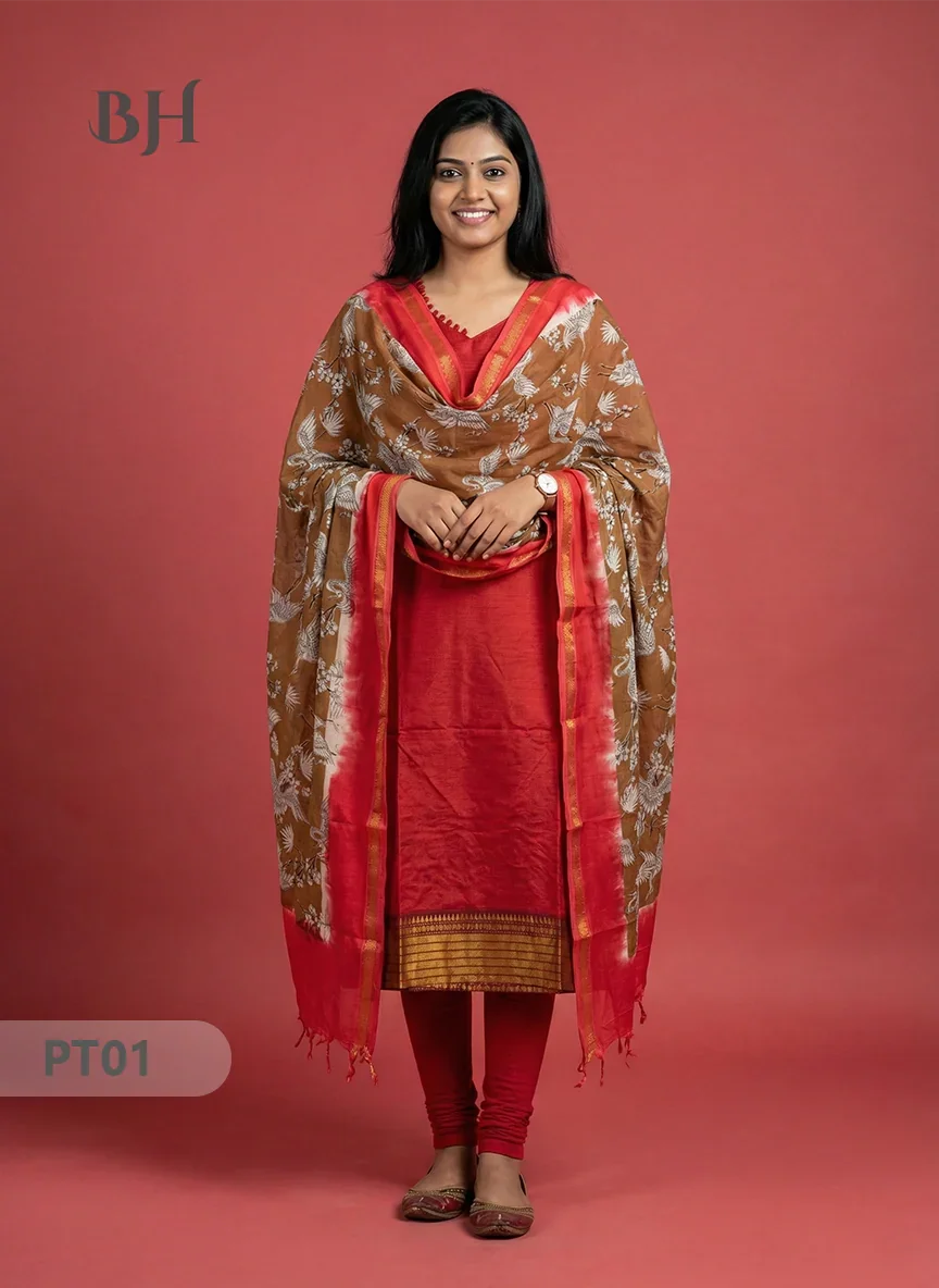 Mangalagiri Semi Pattu Dress Set in Red | 2pc Kurti with Kalamkari Semi Pattu Dupatta