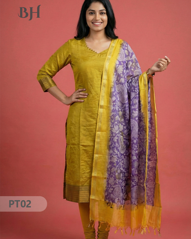 Mangalagiri Semi Pattu Dress Set in Satin Gold | 2pc Kurti with Kalamkari Semi Pattu Dupatta