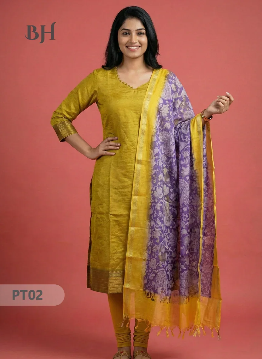 Mangalagiri Semi Pattu Dress Set in Satin Gold | 2pc Kurti with Kalamkari Semi Pattu Dupatta