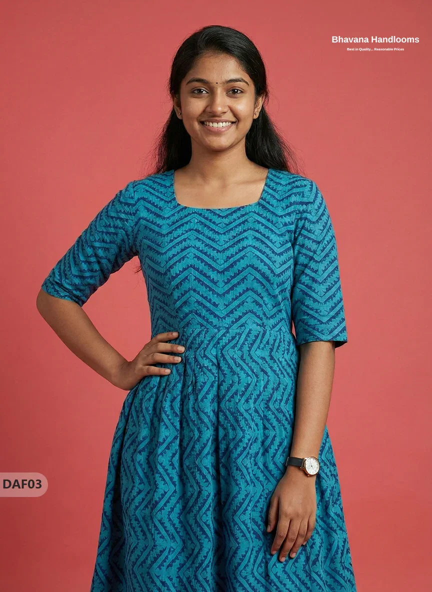 Comfortable Daily Wear Cotton Frock – Sea Blue Colour | Half Lining