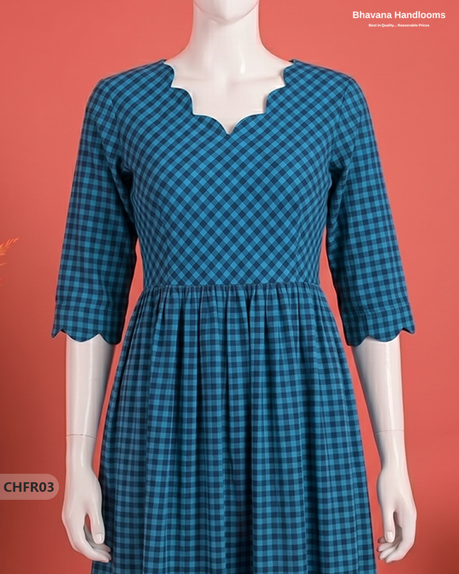 Handloom Cotton Frock in Teal Blue & Deep Navy Blue Checks with Stylish Neck Cut Work | Soft & Comfortable