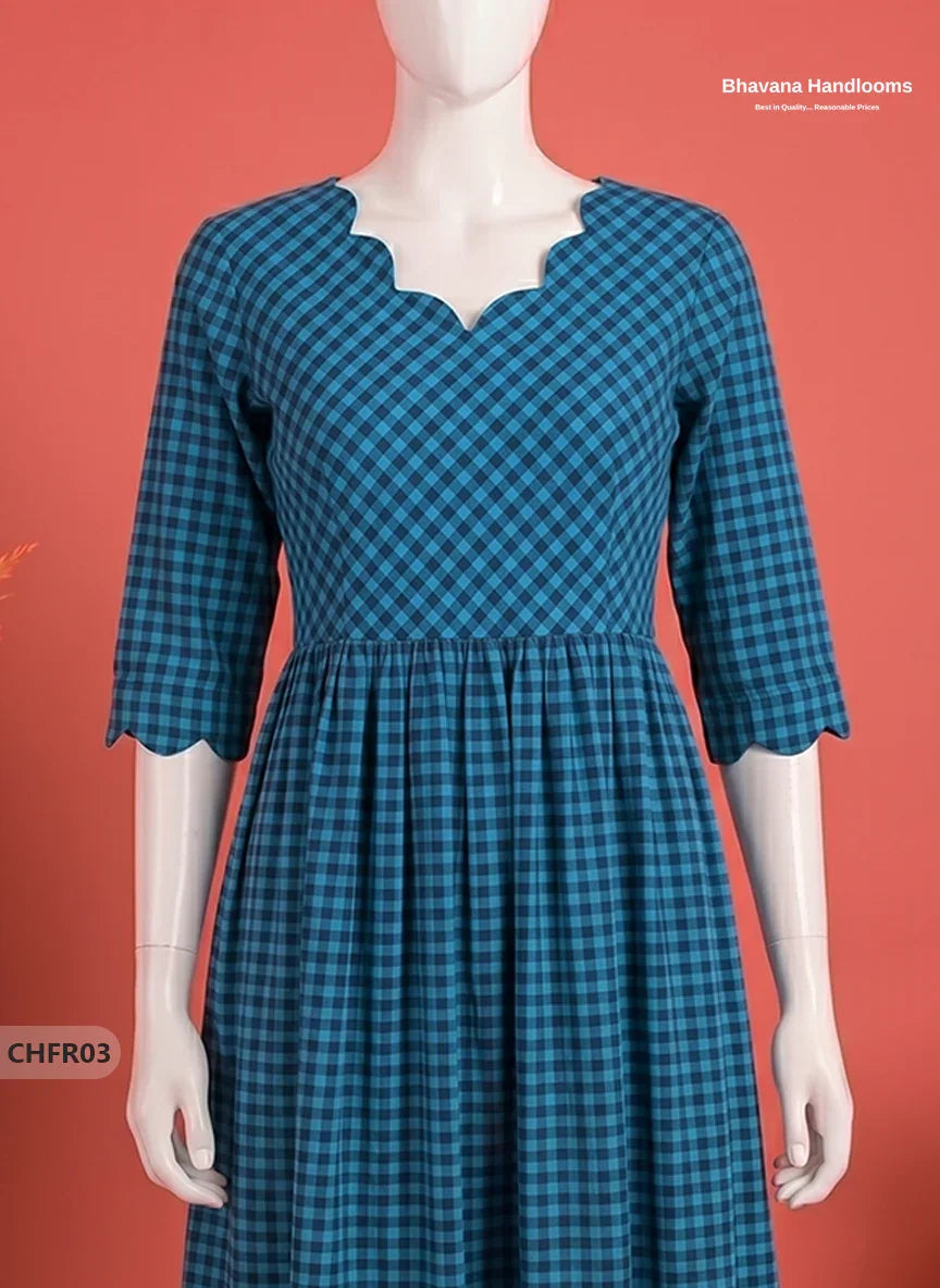 Mangalagiri Cotton Frock in Teal Blue & Deep Navy Blue Checks with Stylish Neck Cut Work | Soft & Comfortable