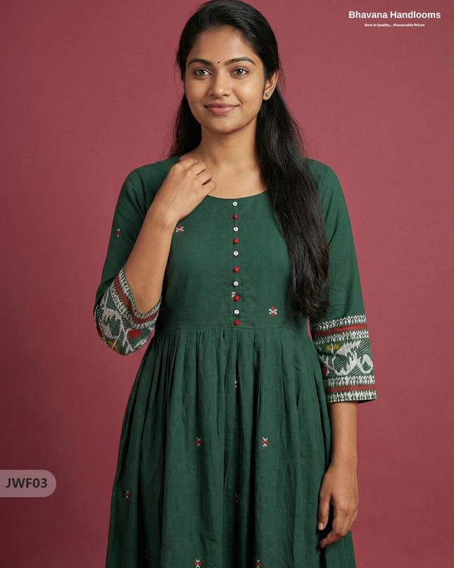 Exclusive Premium Jacquard Woven Frock in Dark Green | 120 Count Fabric | Limited Edition