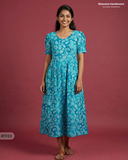 Handmade Batik Frock with Natural Dye – Potli Ball Neck Design Sky Blue Colour