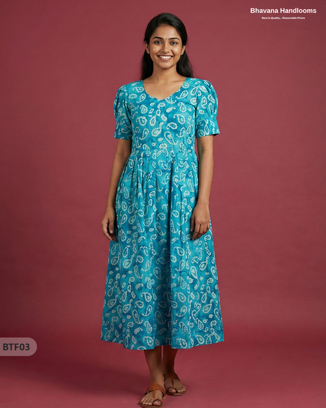 Handmade Batik Frock with Natural Dye – Potli Ball Neck Design Sky Blue Colour