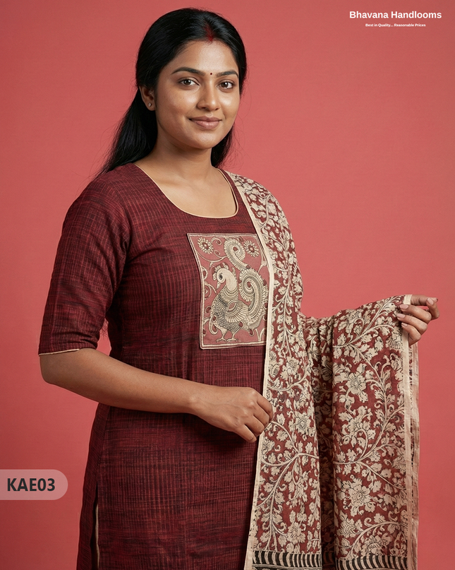 Readymade Kalamkari Cotton Kurti Set in Maroon Colour | Elegant Ethnic Wear