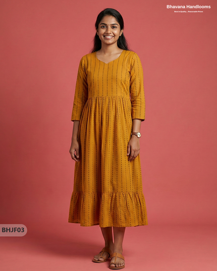 Premium Yellow Jacquard Woven Frock with Full Length Lining
