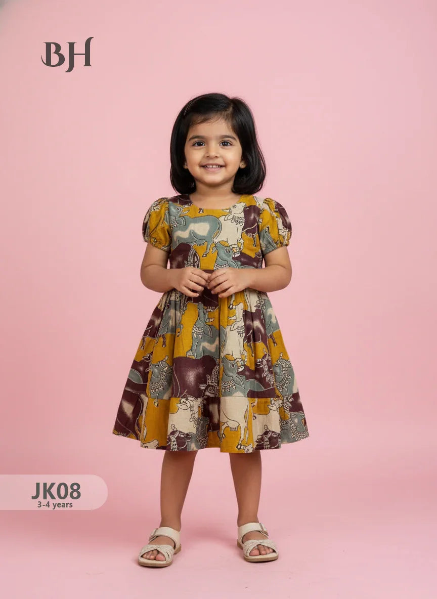 Yellow Cotton Printed Baby Frocks – Latest Kids Wear Collection | Bhavana Handlooms