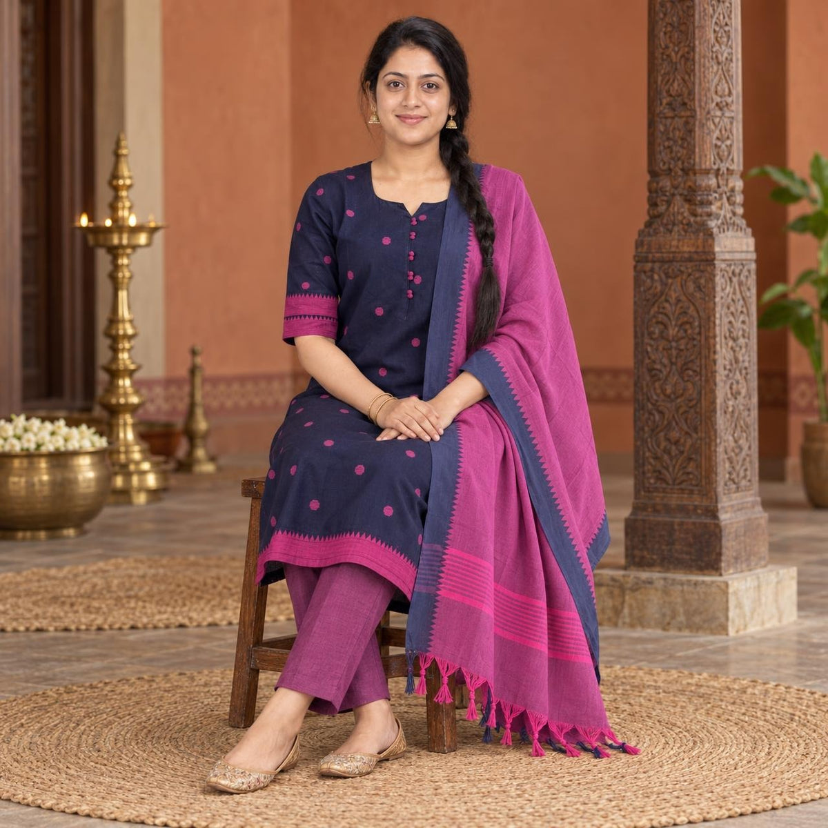 Mangalagiri Cotton 3PC Set with Full-Length Lining & Elastic Pocket Bottom – Navy Blue & Pink