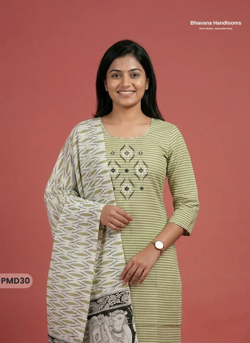 Premium Cotton 3PC Kurti Set with Embroidery & Mirror Work in Pista Green Colour | Ready-to-Wear Ethnic Wear