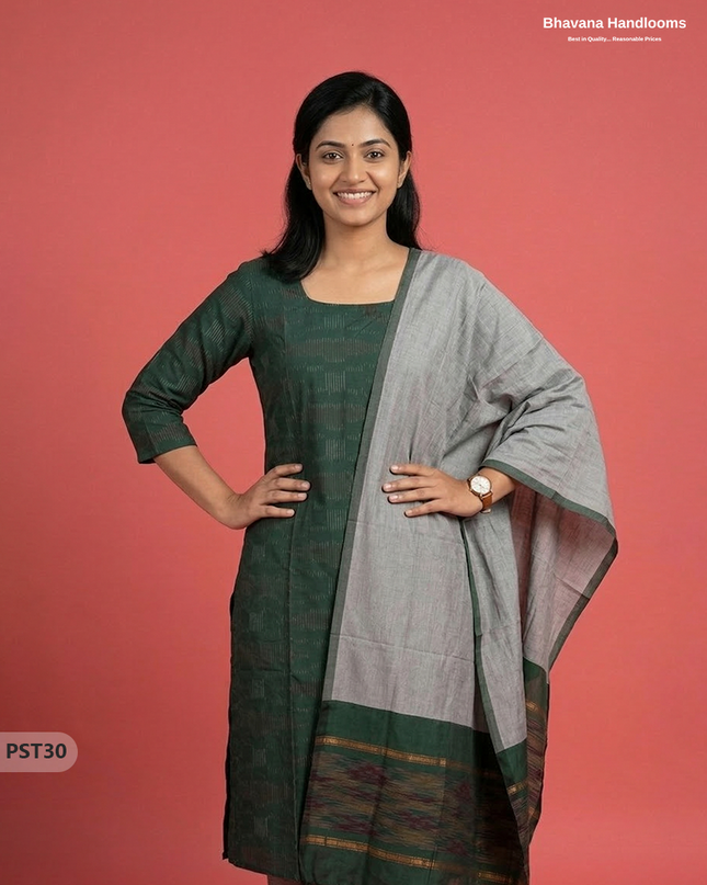Pochampally Semi Pattu 3PC Kurti Set in Drak Green Colour | Ready-to-Wear Ethnic Wear