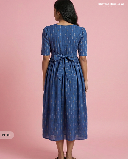 Handcrafted Pochampally Blue Cotton Frock with Knot Detailing – Ethnic Wear for Women