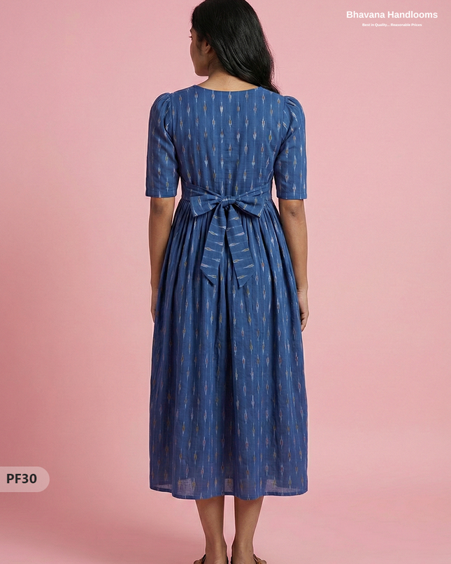 Handcrafted Pochampally Blue Cotton Frock with Knot Detailing – Ethnic Wear for Women