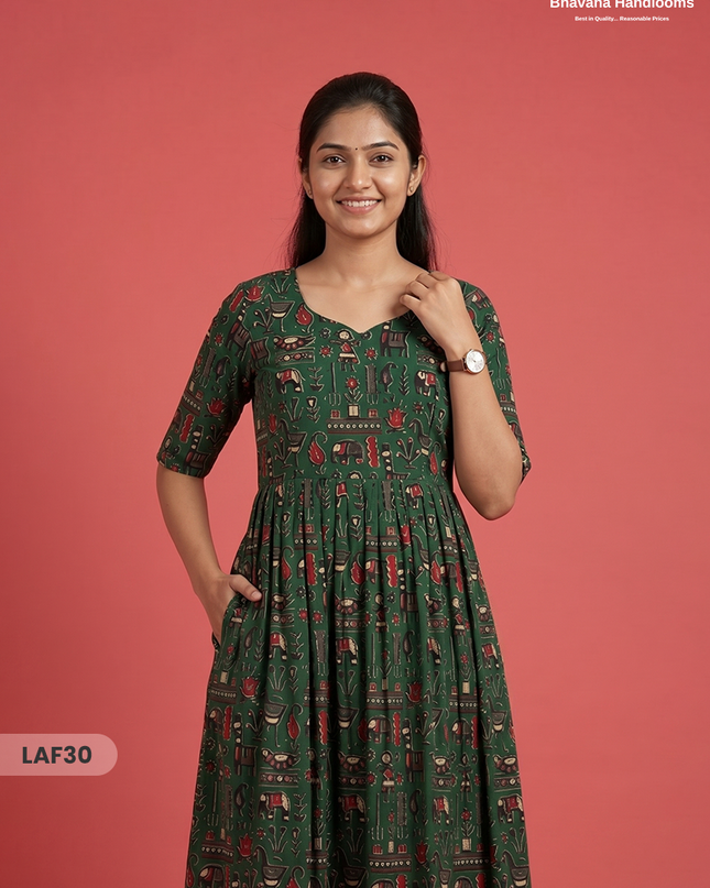 Feeding Frock with Kalamkari Design – Dark Green Color | Invisible Zips | Half Lining Maternity Wear