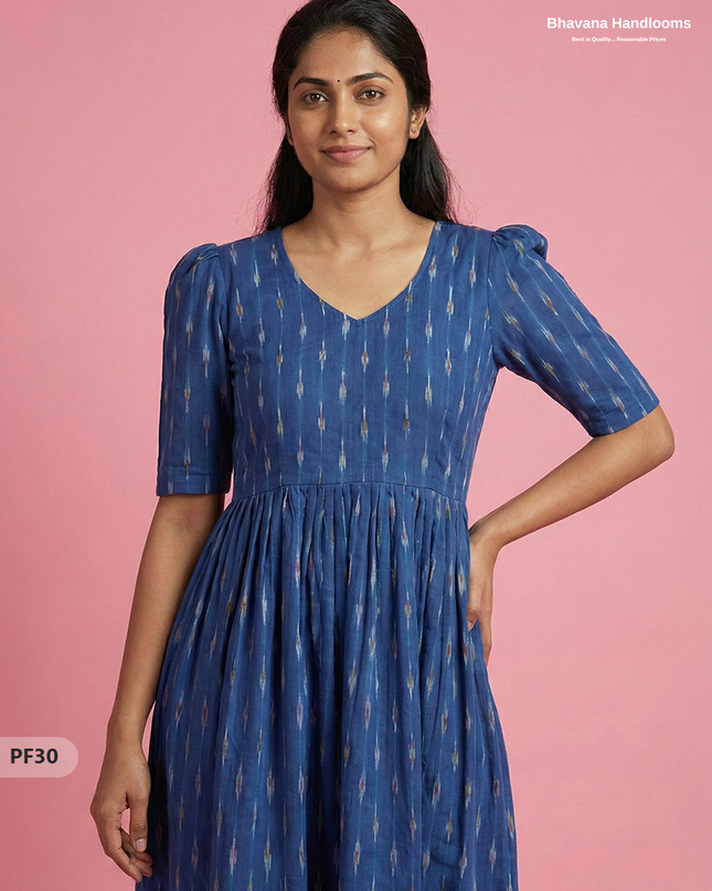 Handcrafted Pochampally Blue Cotton Frock with Knot Detailing – Ethnic Wear for Women