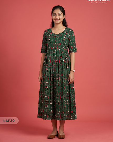 Feeding Frock with Kalamkari Design – Dark Green Color | Invisible Zips | Half Lining Maternity Wear