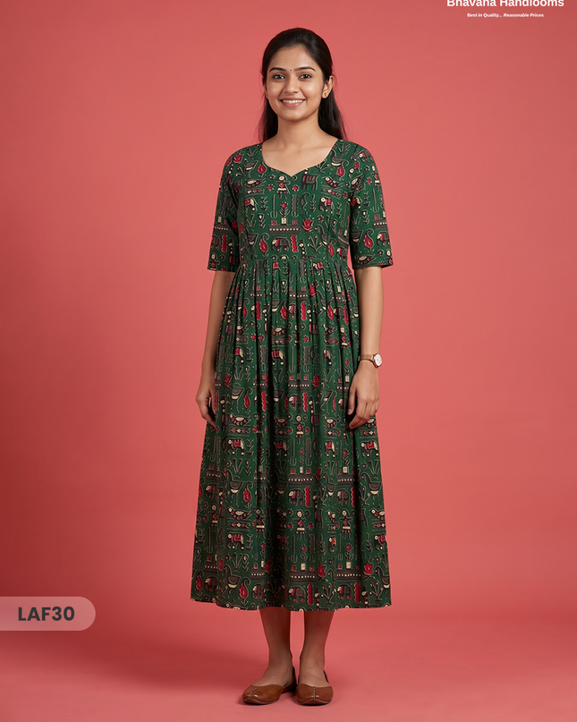 Feeding Frock with Kalamkari Design – Dark Green Color | Invisible Zips | Half Lining Maternity Wear