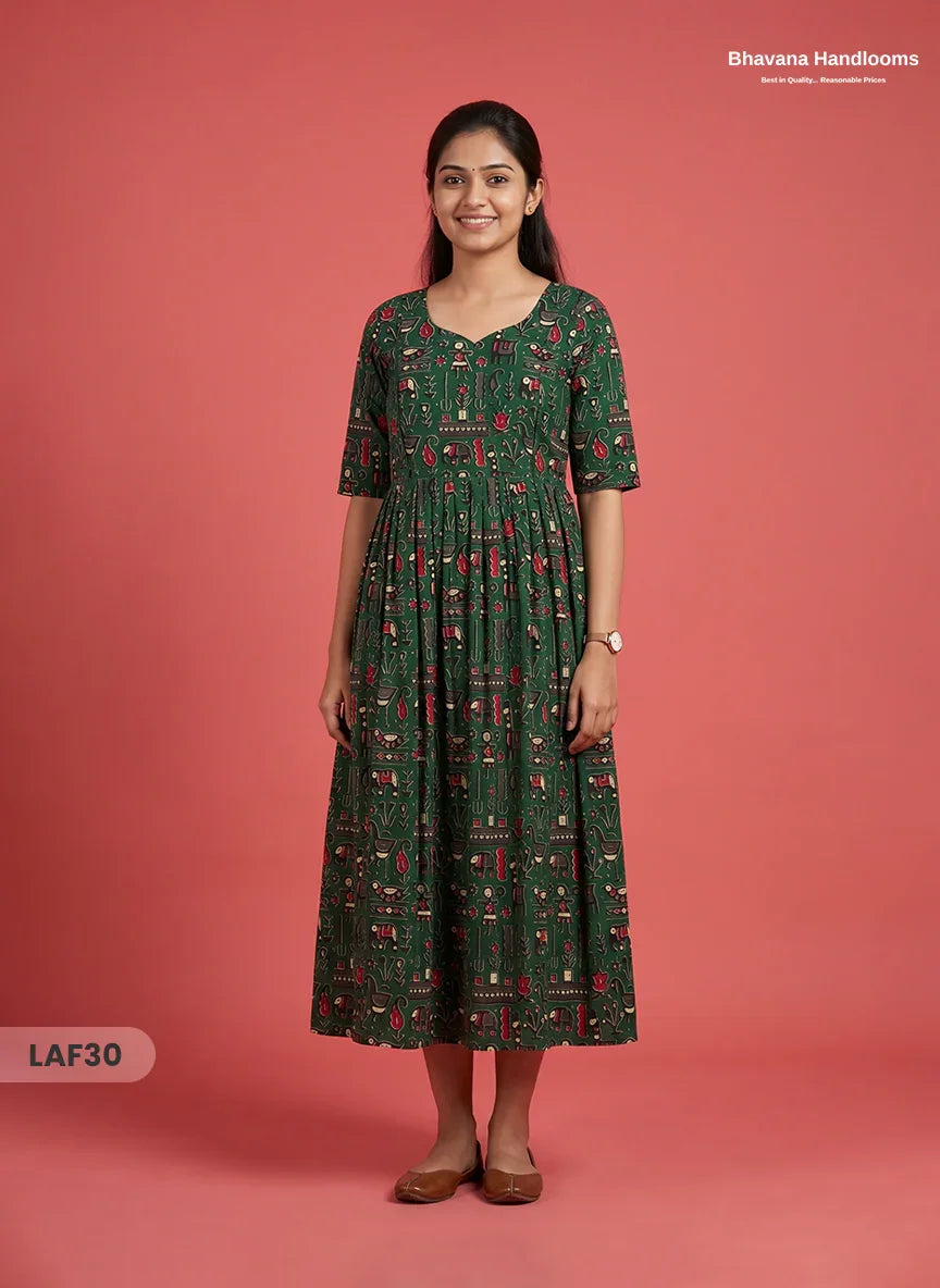 Feeding Frock with Kalamkari Design – Dark Green Color | Invisible Zips | Half Lining Maternity Wear