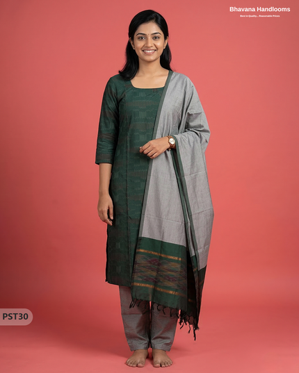 Pochampally Semi Pattu 3PC Kurti Set in Drak Green Colour | Ready-to-Wear Ethnic Wear