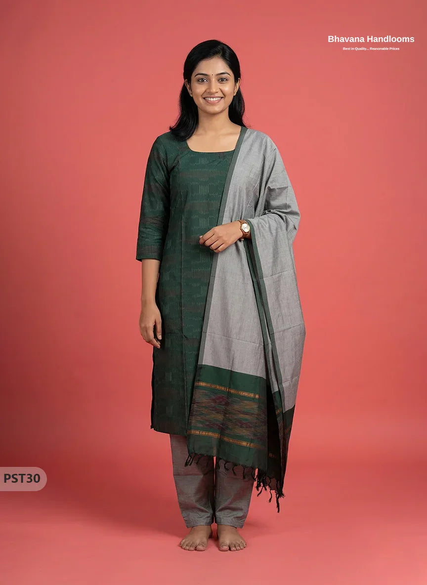 Pochampally Semi Pattu 3PC Kurti Set in Drak Green Colour | Ready-to-Wear Ethnic Wear
