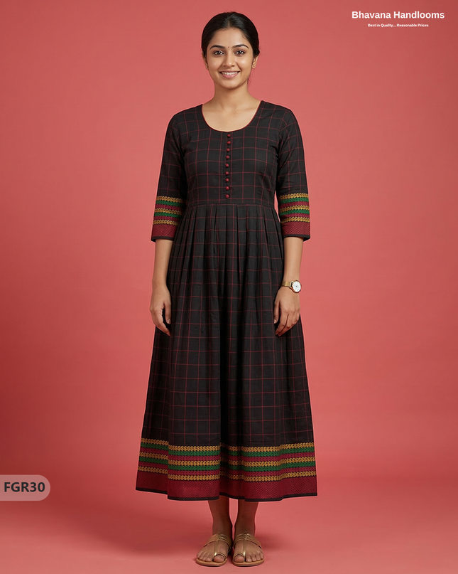 Summer Special Premium Cotton Handloom Frock with Woven Design | Black Colour