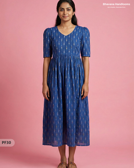 Handcrafted Pochampally Blue Cotton Frock with Knot Detailing – Ethnic Wear for Women