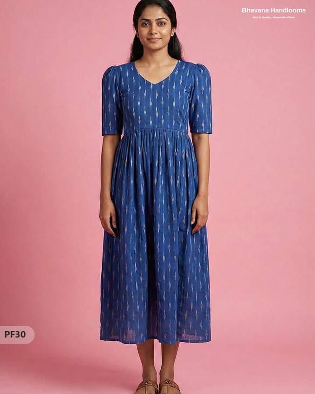Handcrafted Pochampally Blue Cotton Frock with Knot Detailing – Ethnic Wear for Women