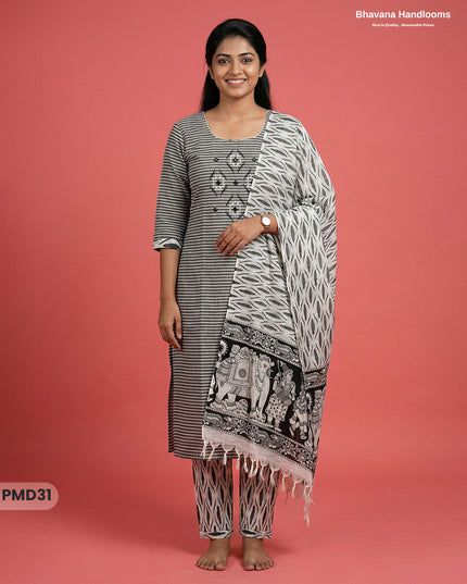Premium Cotton 3PC Kurti Set with Embroidery & Mirror Work in Black & Gray Colour | Ready-to-Wear Ethnic Wear