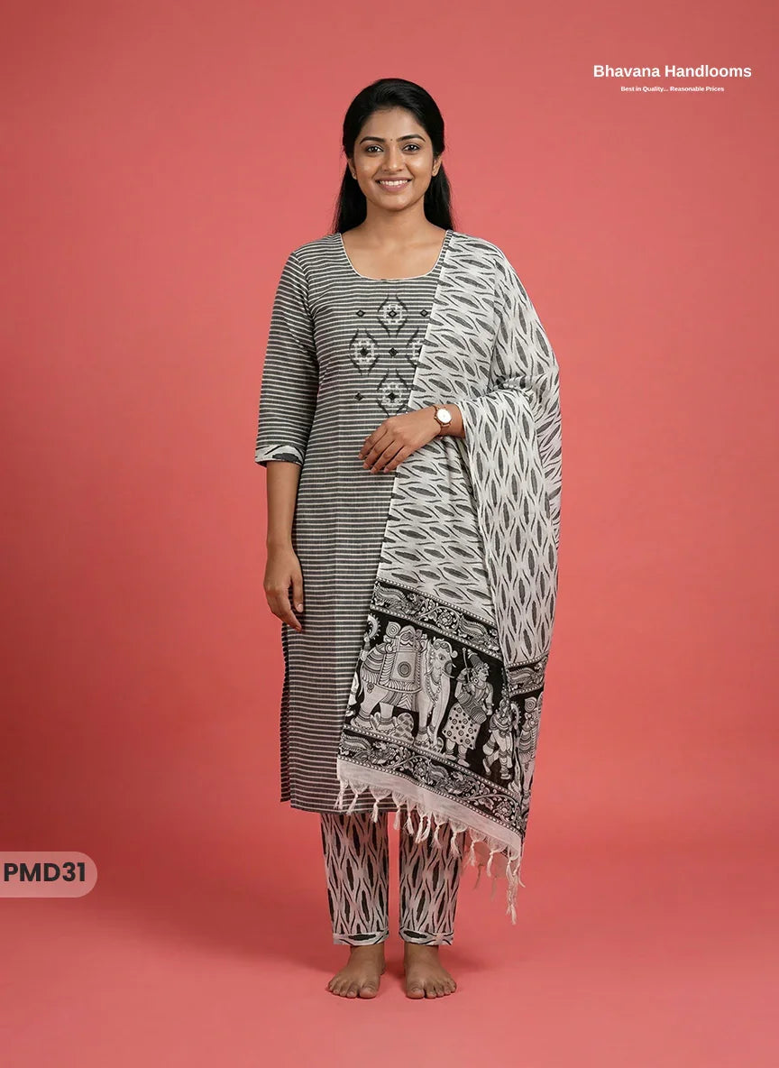 Premium Cotton 3PC Kurti Set with Embroidery & Mirror Work in Black & Gray Colour | Ready-to-Wear Ethnic Wear