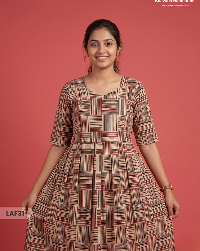 Feeding Frock with Kalamkari Design – Multi Beige Color | Invisible Zips | Half Lining Maternity Wear