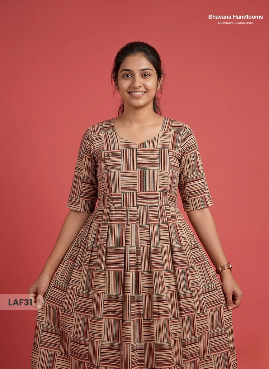 Feeding Frock with Kalamkari Design – Multi Beige Color | Invisible Zips | Half Lining Maternity Wear