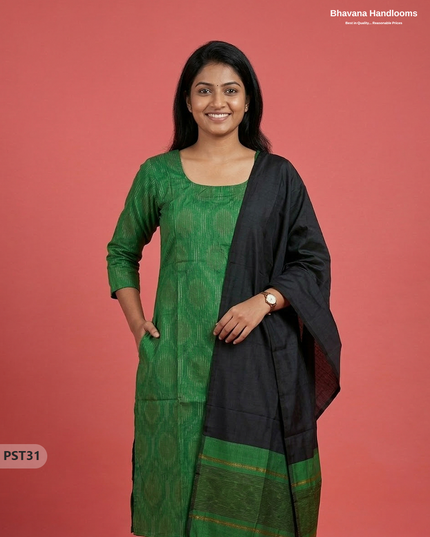 Pochampally Semi Pattu 3PC Kurti Set in Green Colour | Ready-to-Wear Ethnic Wear