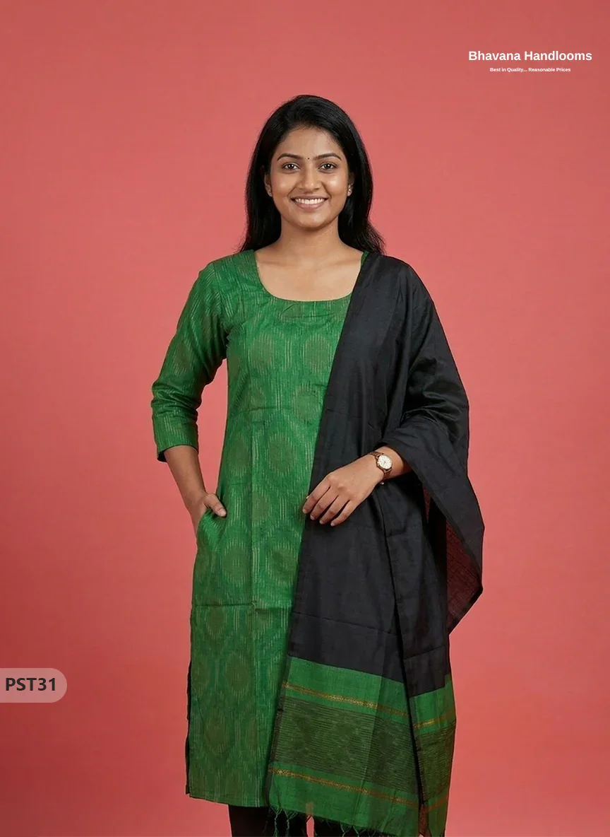 Pochampally Semi Pattu 3PC Kurti Set in Green Colour | Ready-to-Wear Ethnic Wear