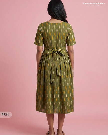 Handcrafted Pochampally Mehndi Green Cotton Frock with Knot Detailing – Ethnic Wear for Women